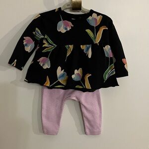Tea Collection Black Floral Top and Pink Striped Leggings Set